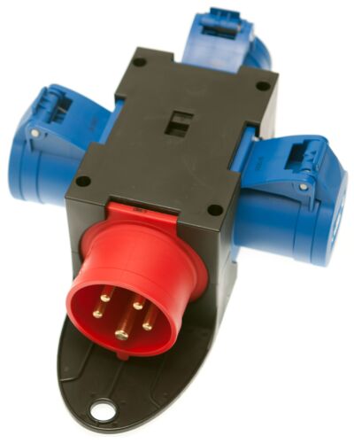 Kompaktforgrener - 16A, 1x 5P CEE -> 3x 3P CEE, rød/blå