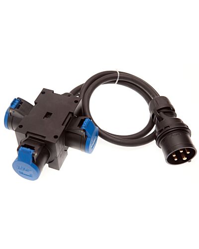Kompaktforgrener - 16A, 1x 5P CEE på 1,5 m kabel --> 3x 3P CEE, Sort med blå stik