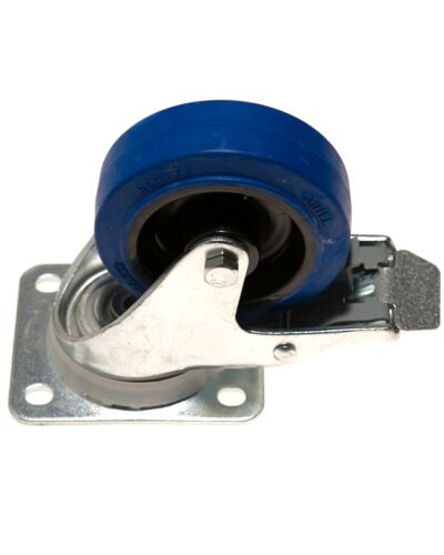 Hjul 100mm Blå M/Bremse, Plade og Drejelås