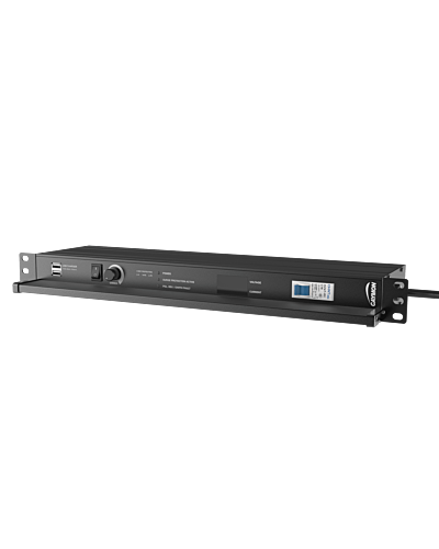 CAYMON 19" power distribution - 9 x German sockets - Light/USB/Fuse/Surge/Display